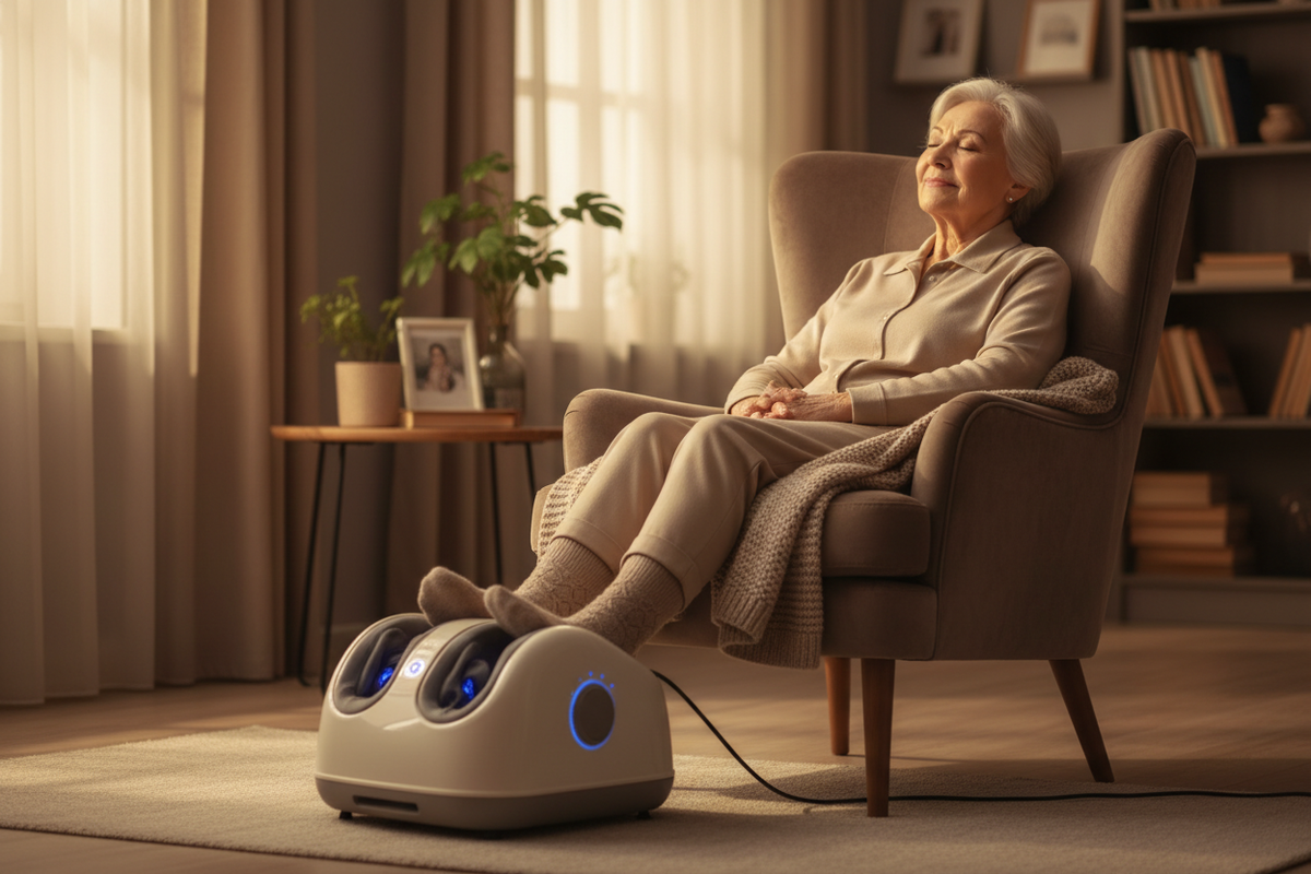 Senior using foot massager comfortably at home