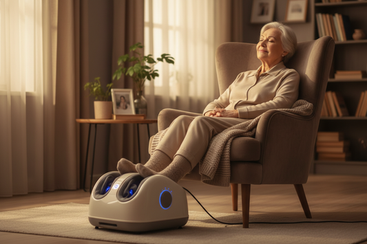 Senior using foot massager comfortably at home