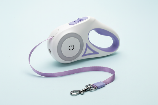 Retractable dog leash with pale blue background