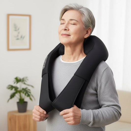 Senior person wearing neck back massager