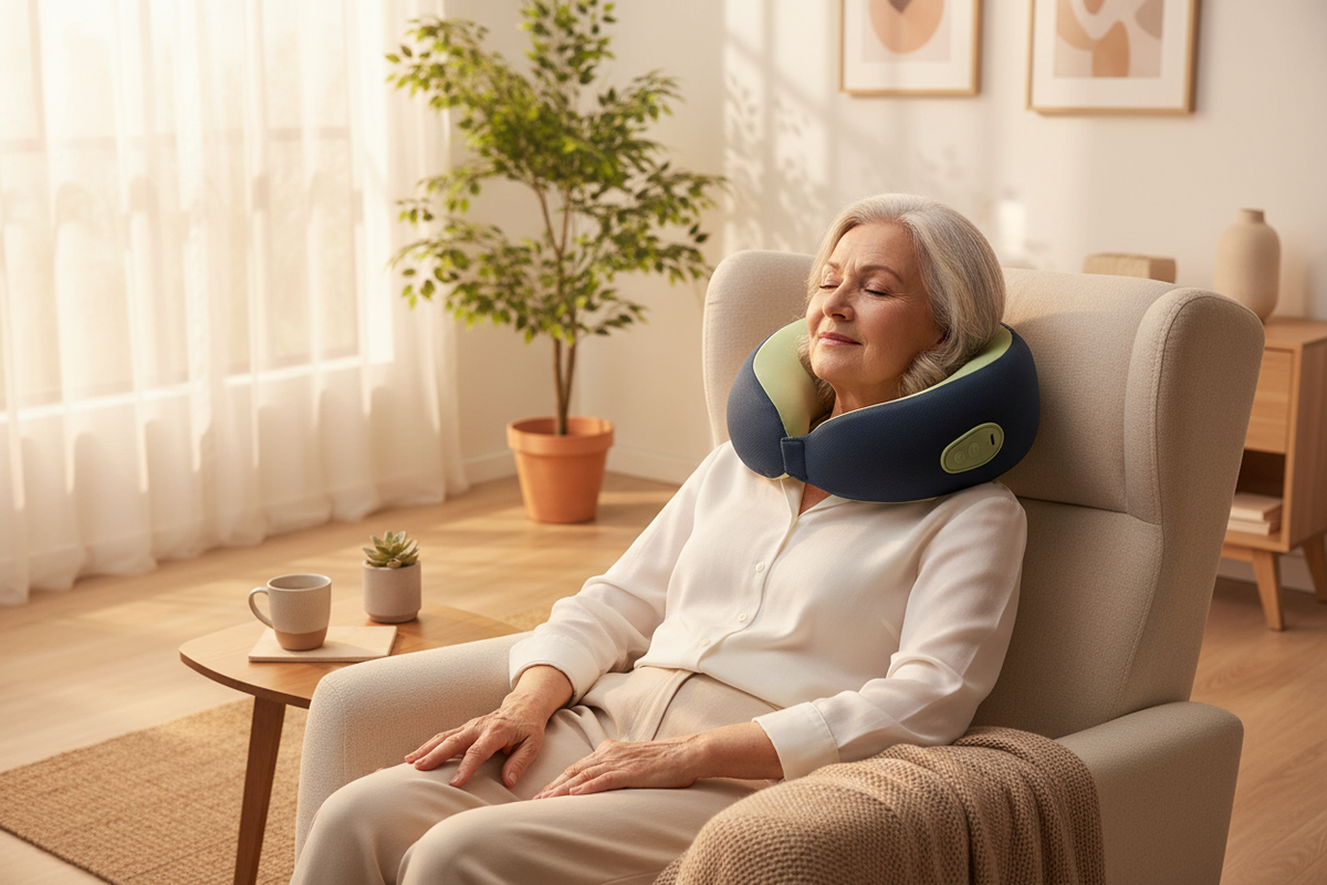 Senior relaxing with Back Neck Pillow Massager